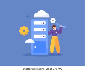 concept of maintenance and repair on server. person who repairs and maintains server machine. illustration of a technician or engineer and server machine. profession and job. flat style design