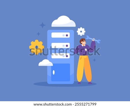 concept of maintenance and repair on server. person who repairs and maintains server machine. illustration of a technician or engineer and server machine. profession and job. flat style design