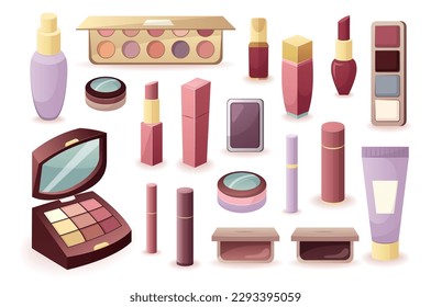 Concept Make up elements. A set of flat cartoon designs of makeup elements on a white background. Vector illustration.