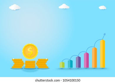 
Concept of make money to achieve goals.Golden dollar coins and graphs on light blue background with copy space for design.Income chart of the company.