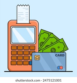 Concept of making cashless payments, with mobile phone or debit card With Barcode of app or Payment machine And Bank Card Cartoon Vector Icon Illustration. flat vector illustration on background.