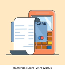 Concept of making cashless payments, with mobile phone or debit card With Barcode of app or Payment machine And Bank Card Cartoon Vector Icon Illustration. flat vector illustration on background.