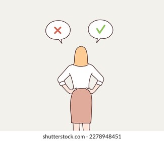  A concept of making a choice. Woman choose between right or left, yes or no, Business decisions, ethical dilemma, choose, choice. Hand drawn style vector design illustrations.