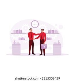 Concepto de hacer un trato y estrechar las manos. Socios comerciales saludando o cerrando un trato. 2 personas estrechando la mano en la oficina. Ilustración plana vectorial moderna de tendencia.