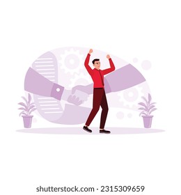 Concept of making a deal and shaking hands. Partnership, business cooperation concept. A gesture of celebration of people who successfully get the project. Trend modern vector flat illustration.