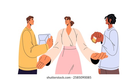 Concept of making deals with business intermediary. Commercial partnership, trade. Sale agent, broker service for exchange, sell and buy goods. Flat isolated vector illustration on white background