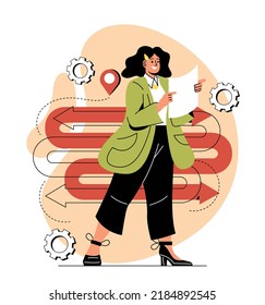 Concept Of Making Decision. Difficult Choices, Planning, Setting Goals, Developing Strategies. Logical Thinking. Girl Studies Map And Thinks In Which Direction To Go. Cartoon Flat Vector Illustration