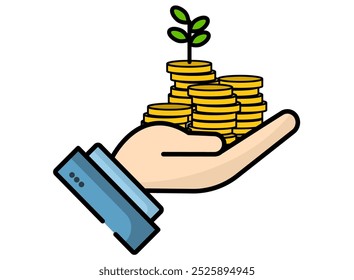 Concept of making money grow and making a good investment. Person holding some coins with a plant in the middle, a symbol of growth