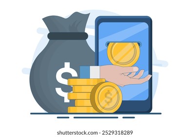 Conceito de fazer dinheiro on-line, telefone inteligente na mão do empresário, moedas de ouro, marketing digital. Bolsa com dinheiro. Conceito de orçamento de financiamento empresarial. Vetor plano no plano de fundo.