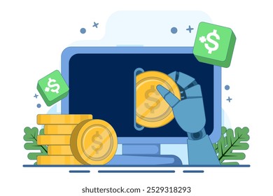 Concepto de hacer dinero en línea, teléfono inteligente en la mano del hombre de negocios, monedas de oro, marketing digital. Bolsa con dinero en efectivo. Concepto de presupuesto de finanzas empresariales. Vector plano sobre fondo.