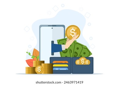 concept of making money from smartphone or internet, online payment, online business or freelance. can be used for landing page, web, ui, banner, template, background, flyer, poster.