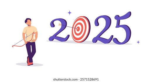 The concept of making plans for the year. Man with a bow hit an arrow in the target. Year 2025 targets.Vector illustration on white background