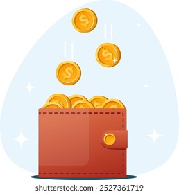 Concepto de hacer un beneficio, la cartera está llena de monedas de oro