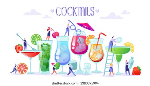 Concept of making refreshing, summer and alcoholic cocktails with fruit, ice and mint leaves. Flat people character, bartender, making bright and tasty cocktails using the bartender’s tools.