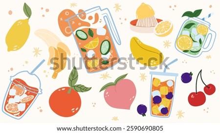 The concept of making smoothies and freshly squeezed juice from various fruits and berries.