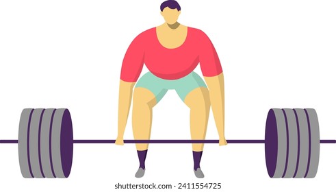 Concept male character sportsman weightlifter, performing lifting bar, physical culture exercise cartoon vector illustration, isolated on white. Bodybuilding physiological exercise, barbell athlete.