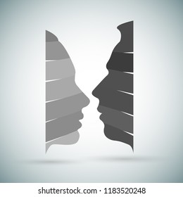 The concept of male and female psychology. Icons silhouette profile of a man with a head combine two elements of human nature of yin and yang. Vector EPS 10 for psychological page cover book, magazine