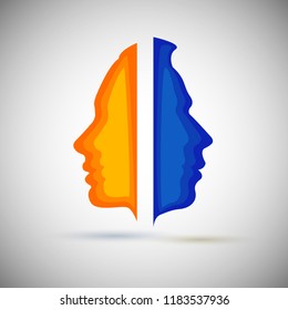 The concept of male and female psychology. Icons silhouette profile of a man with a head combine two elements of human nature of yin and yang. Vector EPS 10 for psychological page cover book, magazine