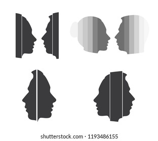 The concept of male and female psychology. Icons silhouette profile of a man with a head combine two elements of human nature of yin and yang. Vector EPS 10 for psychological page cover book, magazine