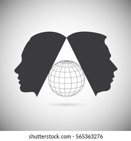 The concept of male and female psychology. Icons silhouette profile of a man with a head fracture relationship, a different view of the world, opposites. Vector EPS 10 for page cover book, magazine