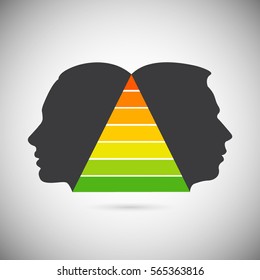 The concept of male and female psychology. Icons silhouette profile of a man with a head fracture relationship, a different view of the world, opposites. Vector EPS 10 for page cover book, magazine
