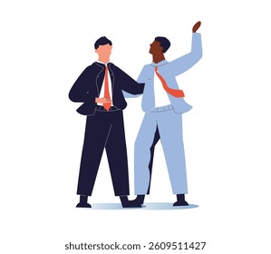 Concept of male friendship. Two guys hug. Vector illustration in a flat style. Adult man fun hugging, beard talking together and relaxing with smile. 2 man happy enjoy to living