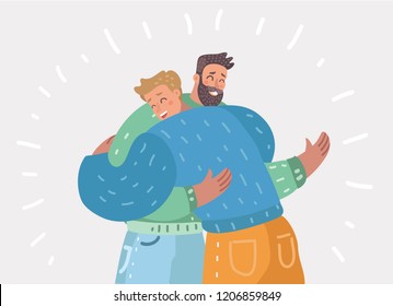 Concept of male friendship. Two happy guys hug each other. Males embracing and laughing. Vector cartoon illustration in modern concept