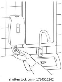 Concept male hand use automatic liquid soap foam dispenser close up. Personal hygiene product prevention from virus bacteria.Vector poster postcard flat doodle realistic black outline white background