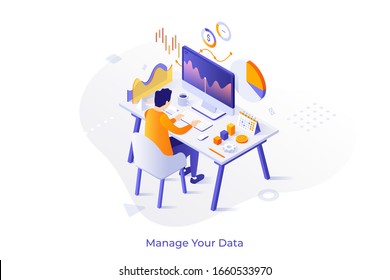 Concept with man or analyst sitting at computer and monitoring statistical or financial market indicators, diagrams, charts and graphs. Statistics and data analysis. Modern vector illustration.