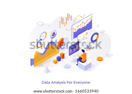 Concept with man or analyst working on laptop and analyzing statistical or financial information. Big data or stock market analysis for everyone. Isometric vector illustration for web banner.