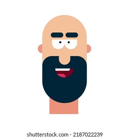 The concept of a man with a bald head and a beard and blue eyebrows. Human face logo. Cute vector illustration in flat style.