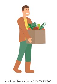 Hombre de concepto con una caja de cosechas Una ilustración de un vector plano con un hombre sosteniendo una caja llena de cultivos recién cosechados. Ilustración vectorial.