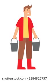 Concept Man with buckets. The vector cartoon illustration depicts a man carrying buckets on a farm in a flat, scene. Vector illustration.