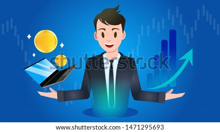 The concept are man business  presenting information profit from online / technology business from hologram . On financial chart imply growing investment.