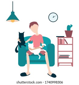 Concept man in a chair with two cats. vector