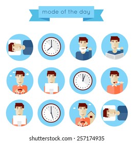 Concept of man daily routine. Set of flat illustrations on a white background. Info-graphic elements of daily activities in blue circles.