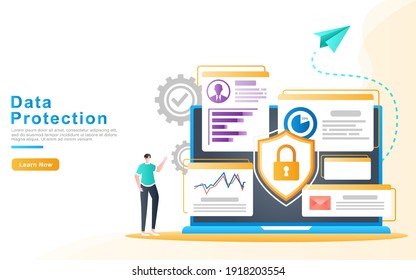 the concept of a man describes systems and data protection on the internet and social media including messages, data charts and user profiles. sure to be safe. for landing pages, banners, print media 