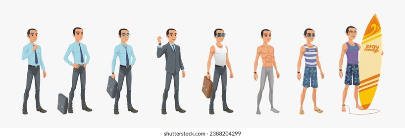 Concept of man in different processes. employee working towards man on vacation in different poses. presenting process movements and actions. vector illustration