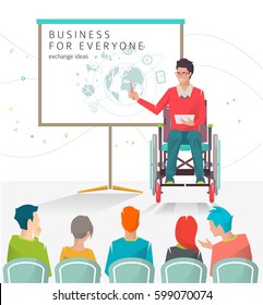 Concept of man with disabilities holding presentation. Disabled man read lecture. Conference. Vector flat illustration
