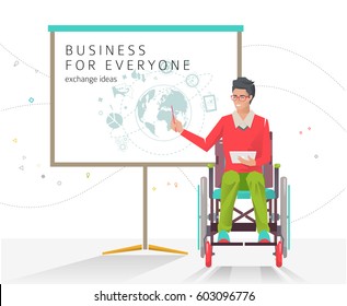 Concept of man with disabilities holding presentation. Disabled man read lecture. Conference. Vector flat illustration