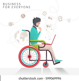 Concept of man with disabilities working with notebook. Communication over the network. Vector flat illustration