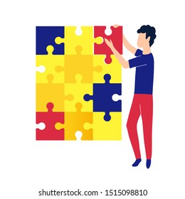 Concept man fold the puzzle. Creation and development process