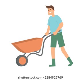 Concept Man with garden wheelbarrow. A flat vector cartoon illustration of a man in a garden pushing a garden wheelbarrow. Vector illustration.