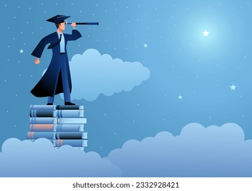 Concept of a man in a graduation gown holding a telescope while standing atop a stack of books looking for stars, achieving objectives, aspirations, and a future plan after college.