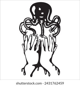 Concept with a man holding his face and with tentacles in his head. Mental disorders and psychotherapy. Isolated vector illustration