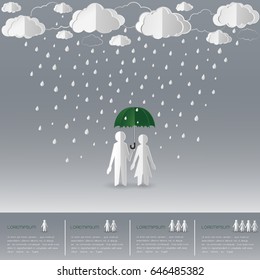 Concept of man holding umbrella with women on a rainy day,paper art and origami style,vector illustration