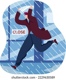 Concept man, jogging rain day, rainy weather, wet autumn character, adult person, design, in cartoon style vector illustration.
