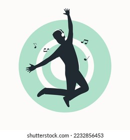 Concept man listens to music through headphones and dances. Vector illustration.