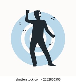 Concept man listens to music through headphones and dances. Vector illustration.