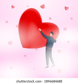 The concept of a man in love flying into the sky with clouds with a big red heart. Vector illustration.